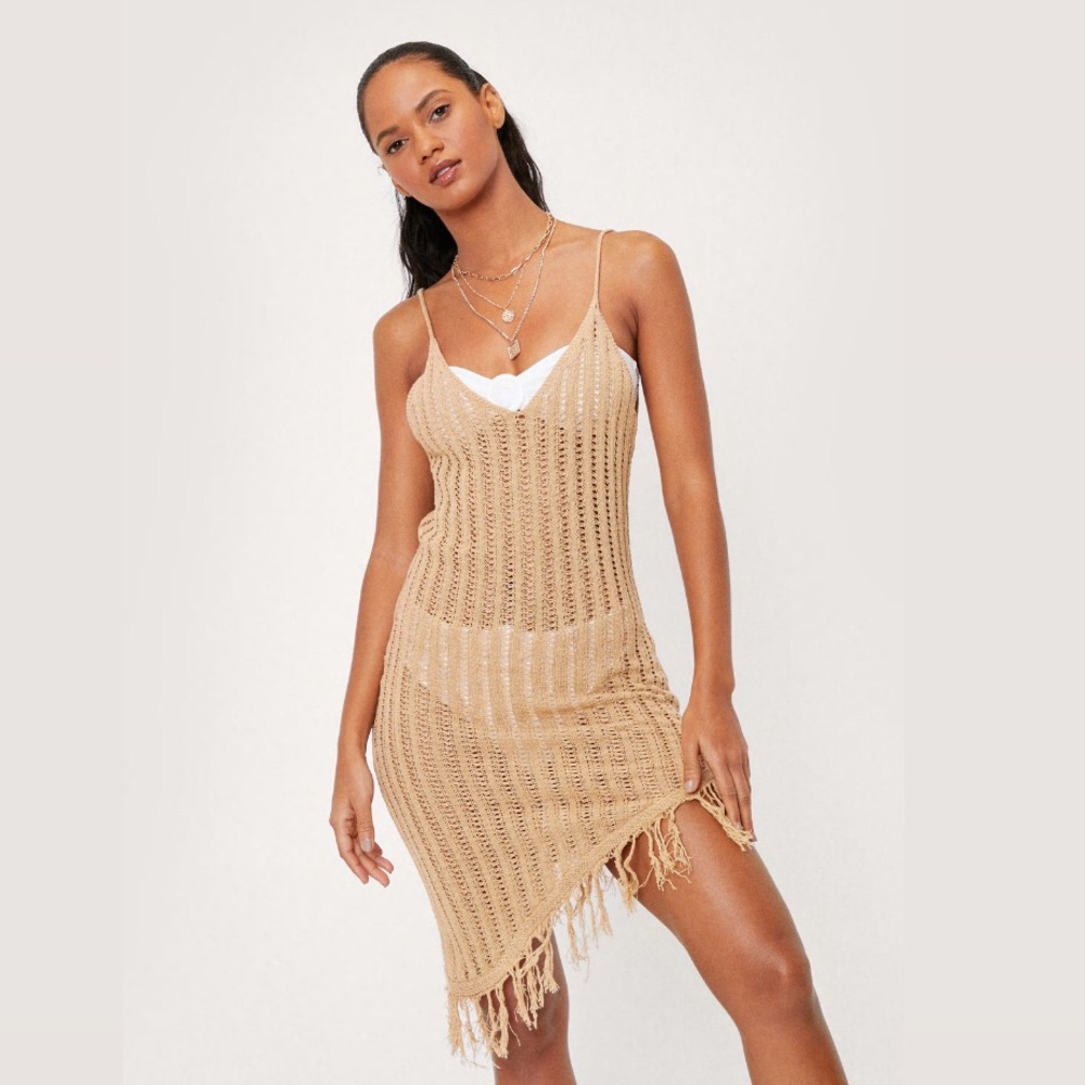 Nasty Gal Tan Crochet Fringe Beach Cover Up Dress Size Small NWT *sold out*